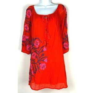 Trina Turk Orange Embroidered Boho Cotton Lined Floral Tunic Dress Size 4 NEW